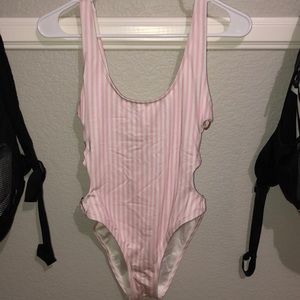 pink and white stripped bathing suit one piece